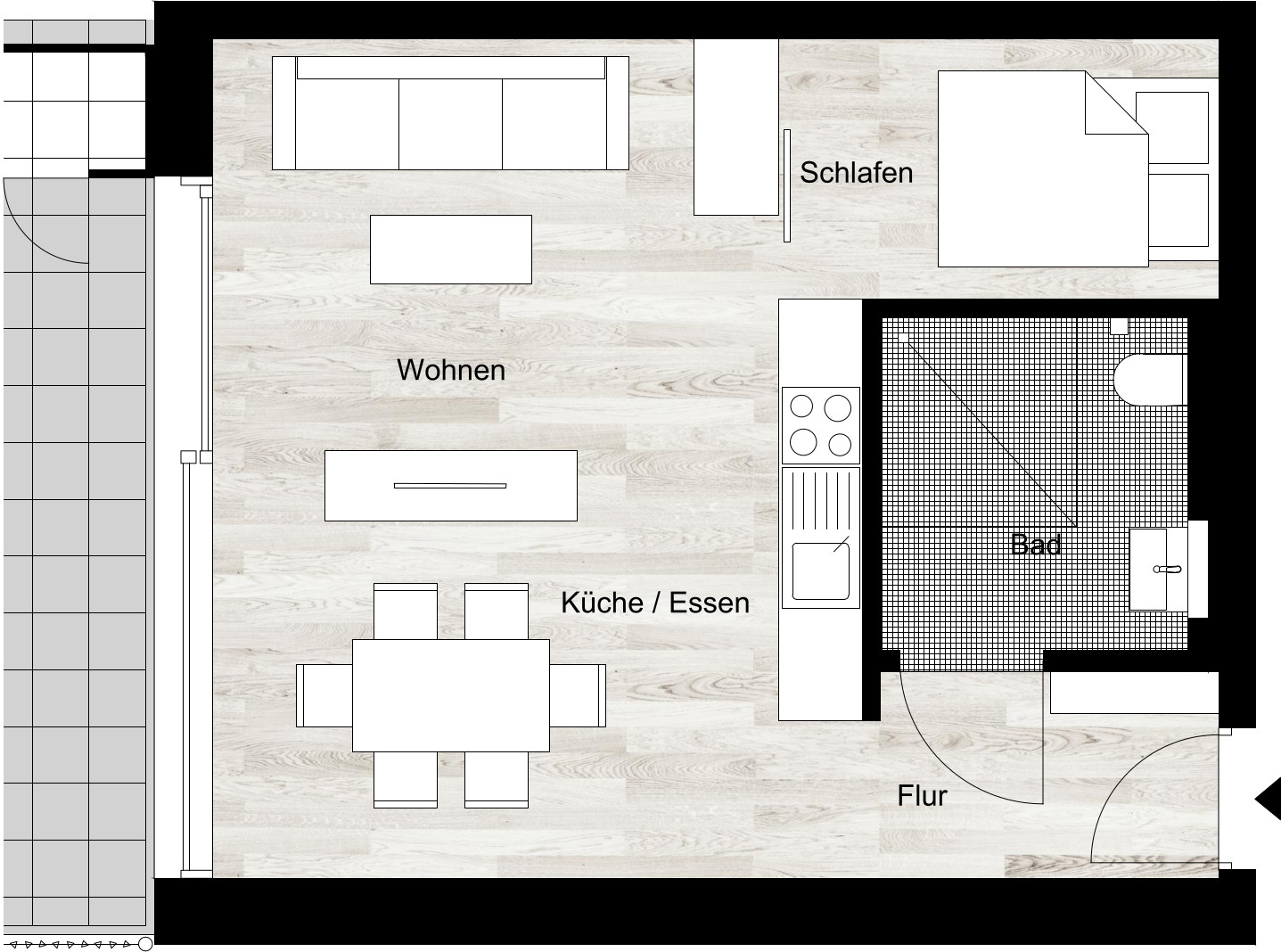 Wohnung 20, Single Apartment EG Variante (Möblierung nicht behindertengerecht)